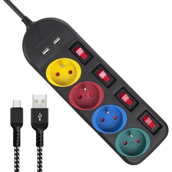 Napájecí kabel Napájecí lišta Maclean, prodlužovací kabel se 4 zásuvkami + 2xUSB, s přepínači, 250VAC/10A, 2,1A 5V, 1,5 m, bílá, MCE229B + USB kabel MCE471