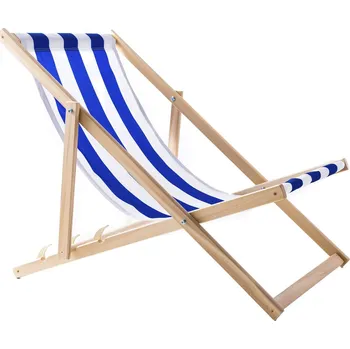 Zahradní lehátko Dřevěné bukové plážové lehátko WOODOK na zahradu - modré a bílé pruhy