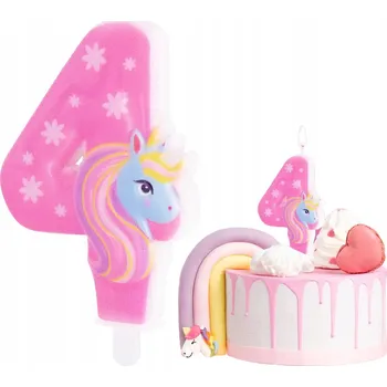 Dortová svíčka SVÍČKA JEDNOROŽEC ČÍSLICE 4 ČTYŘI SVÍČKY RŮŽOVÉ DEKORATIVNÍ NA DORT