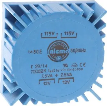 Transformátor Toroidní transformátor, počet výstupů: 2, sekundární napětí: 2 x 12V ac, Plošný spoj, Kolík, 60 x 60 x 26.3mm