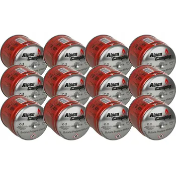 Plynová kartuše 12x Alpen Camping 400ml plynová kartuše. Certifikát: Rozsah -10°c až + 40°c, systém GAS STOP IK006.