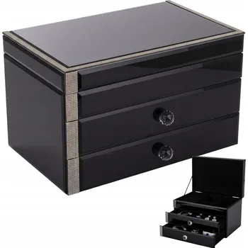 Šperkovnice SKLENĚNÁ ŠPERKOVNICE ČERNÁ NA ŠPERKY GLAMOUR KAZETA S KRYSTALY