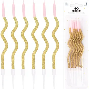 Dortová svíčka RŮŽOVÉ ZLATÉ SVÍČKY SE TŘPYTKAMI 6 Ks DEKORATIVNÍ NA DORT NAROZENINOVÝ DORT