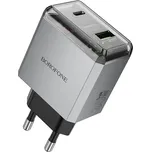Borofone - Nástěnná nabíječka Lena (BN20) - dvouportová, USB-C + USB-A, PD35W, QC3.0, nehořlavý PC, 5V/3A - kovově šedá