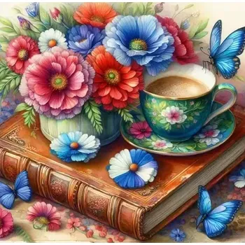 Diamantové malování Diamantové malování/Homfun - Barevné květiny s kávičkou u knih + perleťové kamínky