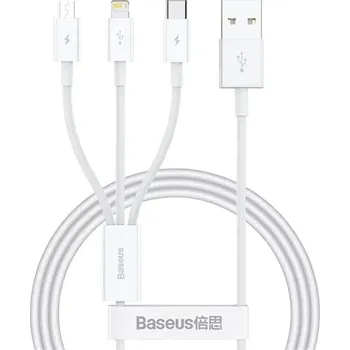 Baseus - Datový kabel (P10377705213-00) - Rychlé nabíjení, USB na USB-C, Lightning, Micro-USB, 100W, 480Mb/s, 1,5 m - bílý