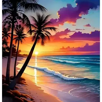 Diamantové malování Diamantové malování/Homfun - Tropický ráj při západu + perleťové kamínky (30x30)