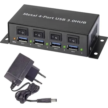 USB hub Renkforce RF-3955362 USB Hub 4 porty USB-A USB&nbsp;3.0 5 GBit/s kovový ukazatel, lze spínat jednotlivě, pro montáž na zeď černá RF-3955362