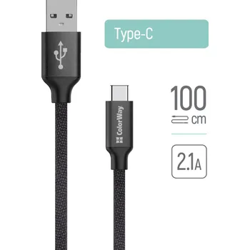 Počítač ColorWay - Datový kabel (CW-CBUC003-BK) - USB 2.0 na Type-C, pro synchronizaci a nabíjení, nylonový, 2,1 A, 480 Mb/s, 1 m - černý