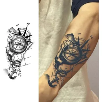 Tetovací strojek Dekorativní dočasná tělová nálepka s motivem kompasu a kotvy Výrazný černý vzor pro paži nohu nebo trup