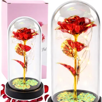 LEAN Věčná růže ve skleněné krystalové LED osvětlené kouli s motýlem červená 21x11cm