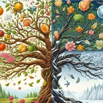 Diamantové malování Diamantové malování/Homfun - Strom ročních období + perleťové kamínky