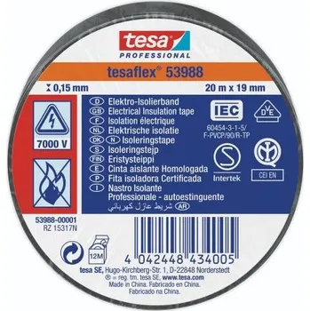 Izolační páska Izolační páska elektro, Černá Měkčené PVC 7000V 19mm x , délka: 20m tloušťka 150mm 53988 Tesa