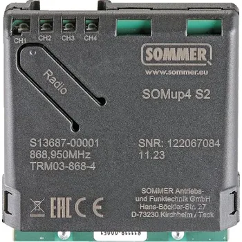Pohon brány přijímač 4-kanálový SOMup4 zásuvný, Sommer - přijímač rádiového signálu 868,8 MHz, pro pohony a řídící jednotky Sommer Twist 200E/EL, Twist 350, Twist XL, RUNner, RUNner+, SP900 a GIGA control A