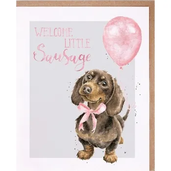 Přání k narození dítěte "Little Sausage" - Jezevčík v růžové