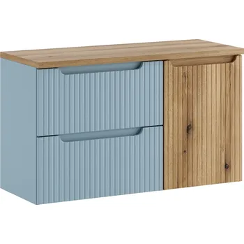 Policová skříň Závěsná skříňka pod umyvadlo Nova Denim s deskou a košem na prádlo 100 cm modrá/dub coast eovke