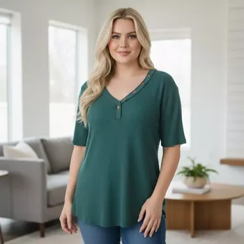 Dámské tričko Zelené žebrované triko Lafee pro plnoštíhlé N2428