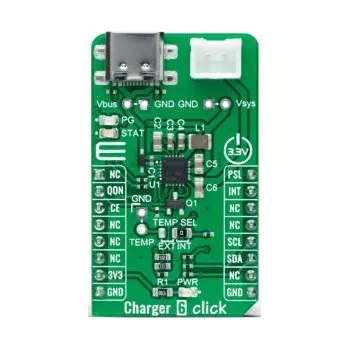 Nabíječka autobaterie Vývojová sada pro řízení napájení Nabíječka 6 Click Nabíječka baterií MikroElektronika BQ25601, pro použití s: zásuvka