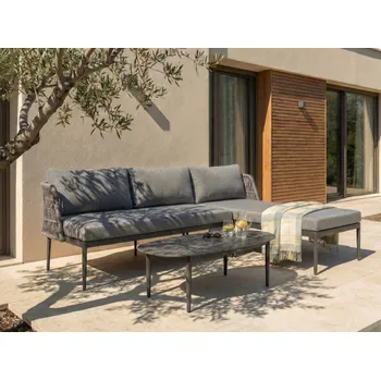 Zahradní sestava 3místná sedací souprava šedá levostranná čalouněná hliníková konstrukce rohová pohovka a konferenční stolek stylový zahradní nábytek terasa Beliani
