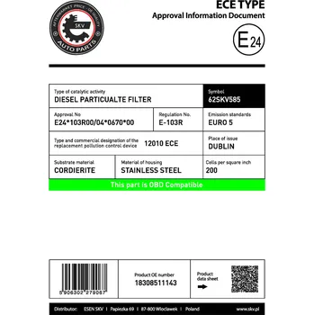 Filtr pevných částic Filtr sazových částic, výfukový systém ESEN SKV 62SKV585