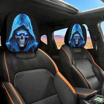 Autopotah 2 ks Kryt opěrky hlavy do auta 28 x 26 cm Černý polyesterový potah s motivem kostlivec s kapucí Dekorace interiéru