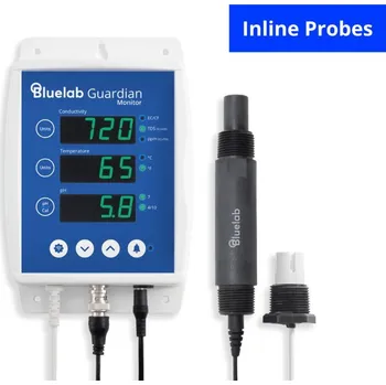 Bluelab Guardian Monitor Connect Wifi pH/EC/teplota, se sondami do potrubí (Bluelab pH/EC monitor Guardian Connect Wifi je kombinovaný monitor na sledování hodnot kyselosti, vodivosti a teploty zálivky. Přístroj lze nastavit, aby upozorňoval na hodnoty)