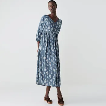 Dámská móda Rozšířené midi šaty s knoflíky a potiskem modrošedá 36