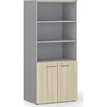 Kancelářská sestava Kombinovaná kancelářská skříň PRIMO GRAY, nízké dveře, 800 x 500 x 1781 mm, šedá/dub přírodní