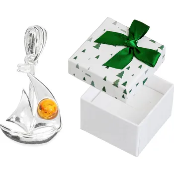 Přívěsek Stříbrný přívěsek Loď s jantarem Malý oxidovaný Přívěsek Jachta Stříbro