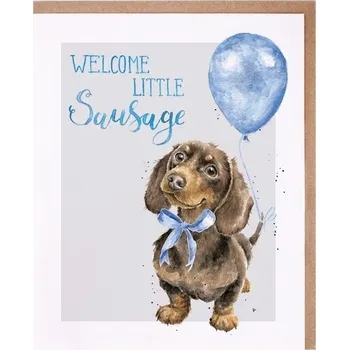 Přání k narození dítěte "Little Sausage" - Jezevčík v modré