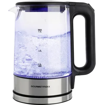 Rychlovarná konvice GourmetMaxx GOURMETmaxx Glas-Wasserkocher LED 1,7l 2200W Edelstahl/schwarz kabellos rychlovarná konvice, kabelové připojení, černá/ocelová, sklo, 12053