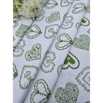Látka 100% bavlna - zelená srdce malovaná na bílé