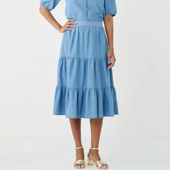 Dámská sukně Midi volánová sukně z lehkého denimu sepraná modrá 54