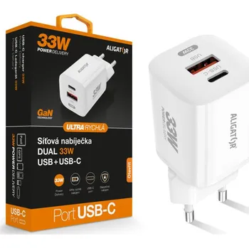 Rychlá mini síťová nabíječka ALIGATOR Power Delivery 33W, GaN, USB-C plus USB-A, bílá