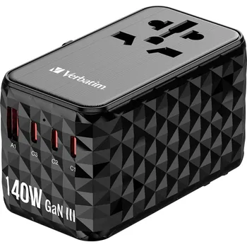 Nabíječka baterií Verbatim UTA-10 GaN III cestovní nabíječka, GaN, s adaptérem pro Evropu, s britským adaptérem, s americkým adaptérem, 1x USB A , 3x USB-C®, 140 W, Dodávka