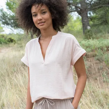 Dámská halenka Mušelínová jednobarevná halenka s tuniským výstřihem růžová pudrová 36