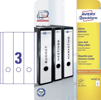 Kalkulačka Avery-Zweckform štítky složek L4759-25 61 x 297 mm papír bílá trvalé 90 ks