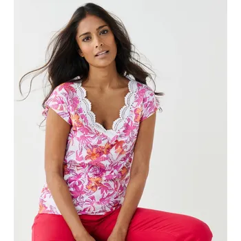 Tričko s výstřihem do V lemovaným macramé a potiskem bílá/růžová 54