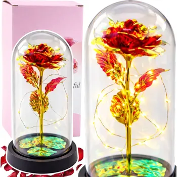 LEAN Věčná růže ve skleněné krystalové kopuli s LED osvětlením červená 21x11cm
