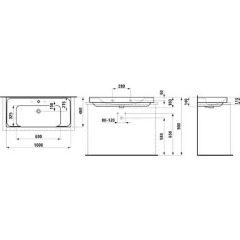 Umyvadlo LAUFEN MEDA - umyvadlo, s odkládací plochou vpravo a vlevo, broušená spodní část (H816119) Barva: Bílá, Provedení: s 3 otvory pro baterii, bez přepadu