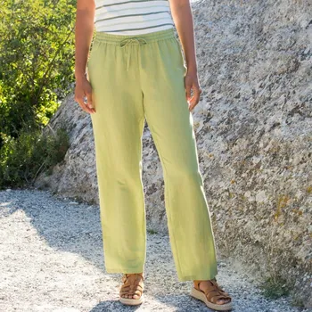 Dámská móda Rovné kalhoty ze směsi bavlny a lnu s pružným pasem lipová 44
