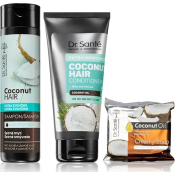 Dr. Santé Coconut Dr. Santé Coconut šampon s kokosovým olejem pro suché a křehké vlasy 250 ml + Dr. Santé Coconut kondicionér pro suché a křehké vlasy 200 ml + čisticí tuhé mýdlo na obličej 100 g