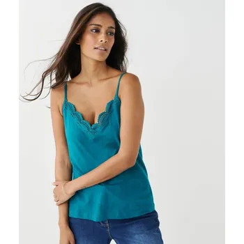 Dámská móda Jednobarevný top s výstřihem do V lemovaným macramé petrolejová 54