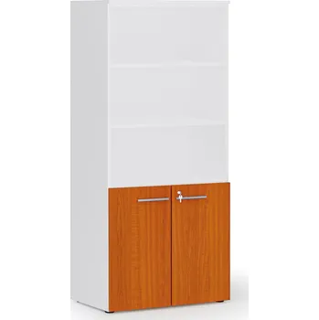 Kancelářská sestava Kombinovaná kancelářská skříň PRIMO WHITE, nízké dveře, 800 x 500 x 1781 mm, bílá/třešeň