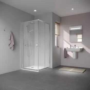 Kout sprchový posuvný 4-dílný Kermi Stina STED4 stříbrný vysoký lesk, čiré ESG sklo s úpravou CLEAN 80 x 80 x 195 cm