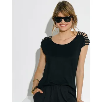 Jednobarevné tričko s ozdobnými šňůrkami na ramenou černá 34/36