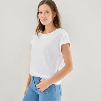 Jednobarevné tričko s lodičkovým výstřihem krátkými rukávy bílá 54