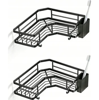 Koupelnový nábytek 2x Rohová závěsná koupelnová polička do sprchy, černá, styl loft, bez vrtání
