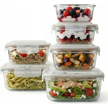 Dóza na potraviny 6x Skleněné nádoby na potraviny s víkem, žáruvzdorná sada obědových boxů