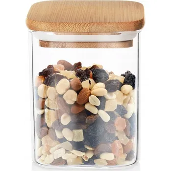 Dóza na potraviny Skleněná dóza s bambusovým víkem, vzduchotěsná, na potraviny a sypké produkty, 850 ml